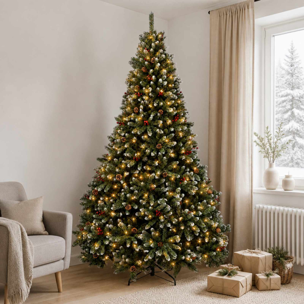 Műkarácsonyfa, 120 × 240 cm, zöld, havas végű ágakkal, 600 LED, meleg fehér