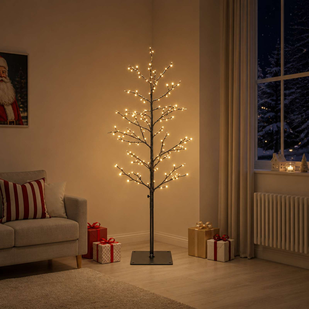 LED-es nyírfa-dekoráció, 18 × 18 × 150 cm, fekete, 360 LED, meleg fehér