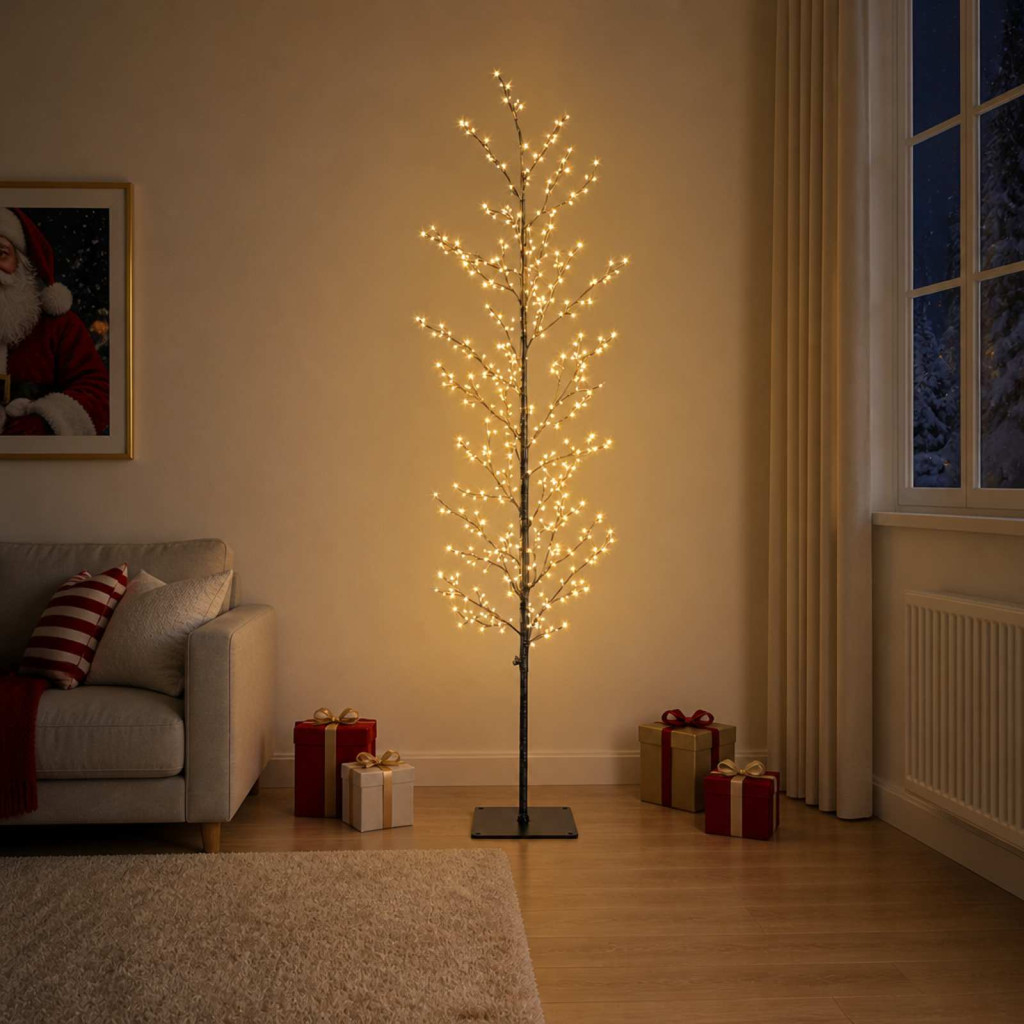 LED-es nyírfa-dekoráció, 20 × 20 × 180 cm, fekete, 459 LED, meleg fehér