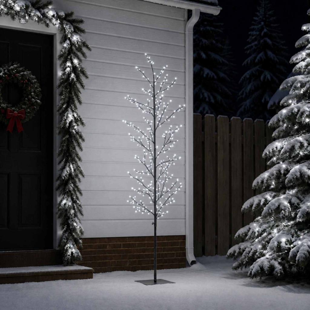 LED-es nyírfa-dekoráció, 20 × 20 × 180 cm, fekete, 459 LED, hideg fehér