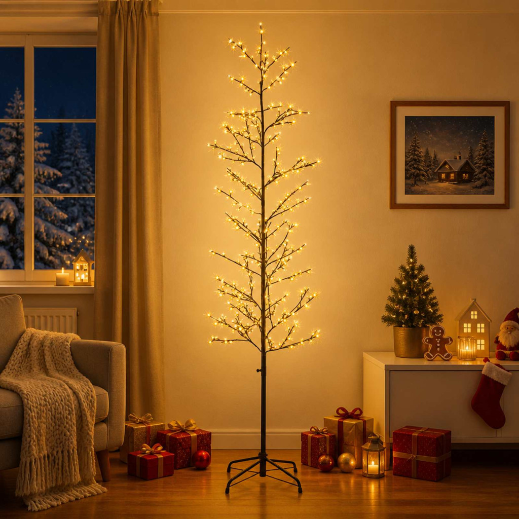 LED-es nyírfa-dekoráció, 47 × 47 × 240 cm, fekete, 675 LED, meleg fehér