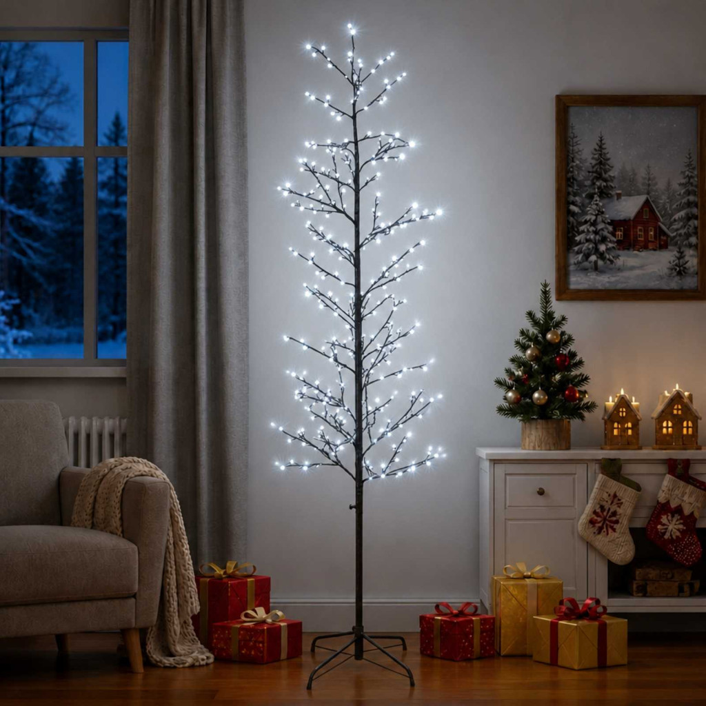 LED-es nyírfa-dekoráció, 47 × 47 × 240 cm, fekete, 675 LED, hideg fehér