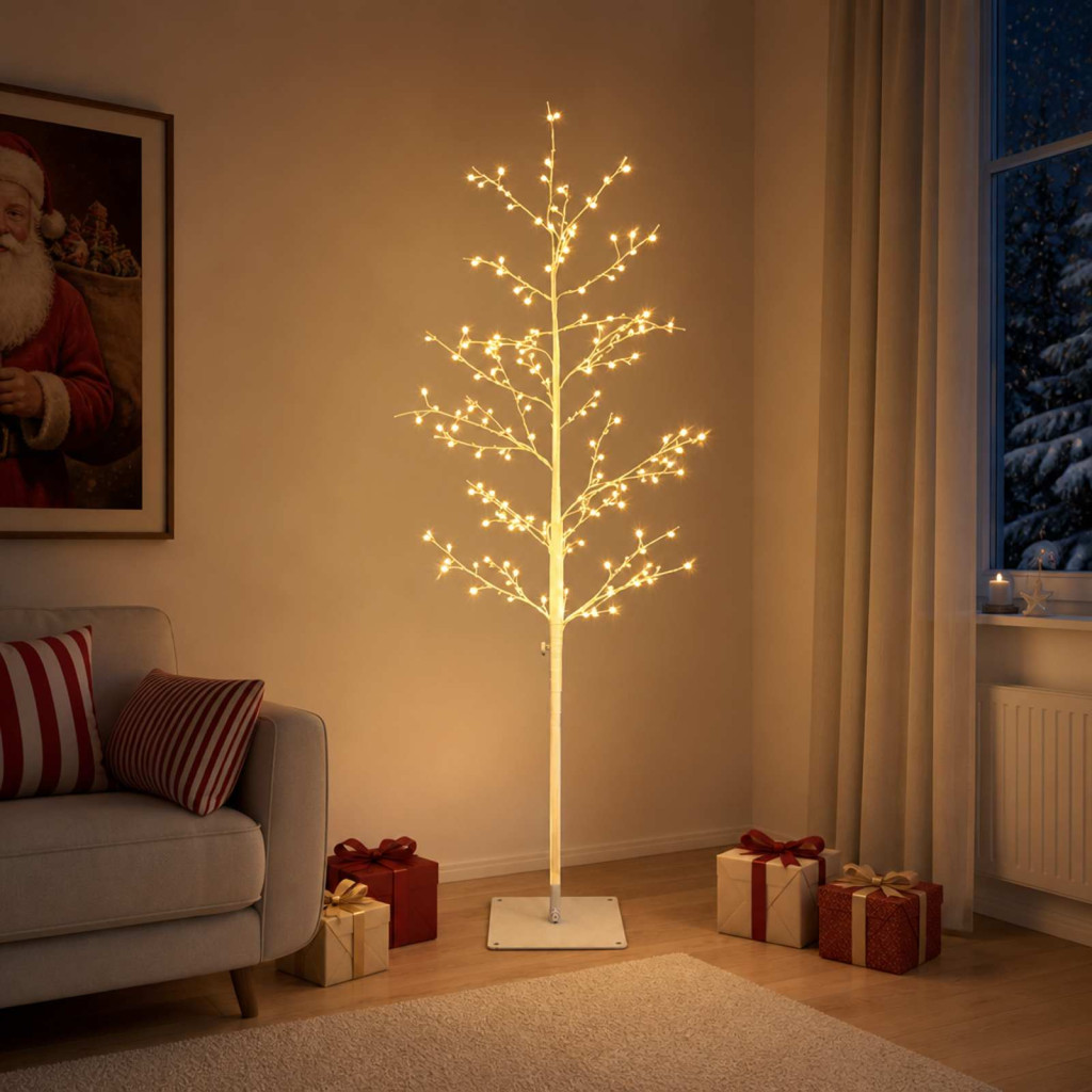 LED-es nyírfa-dekoráció, 18 × 18 × 120 cm, fehér, 279 LED, meleg fehér