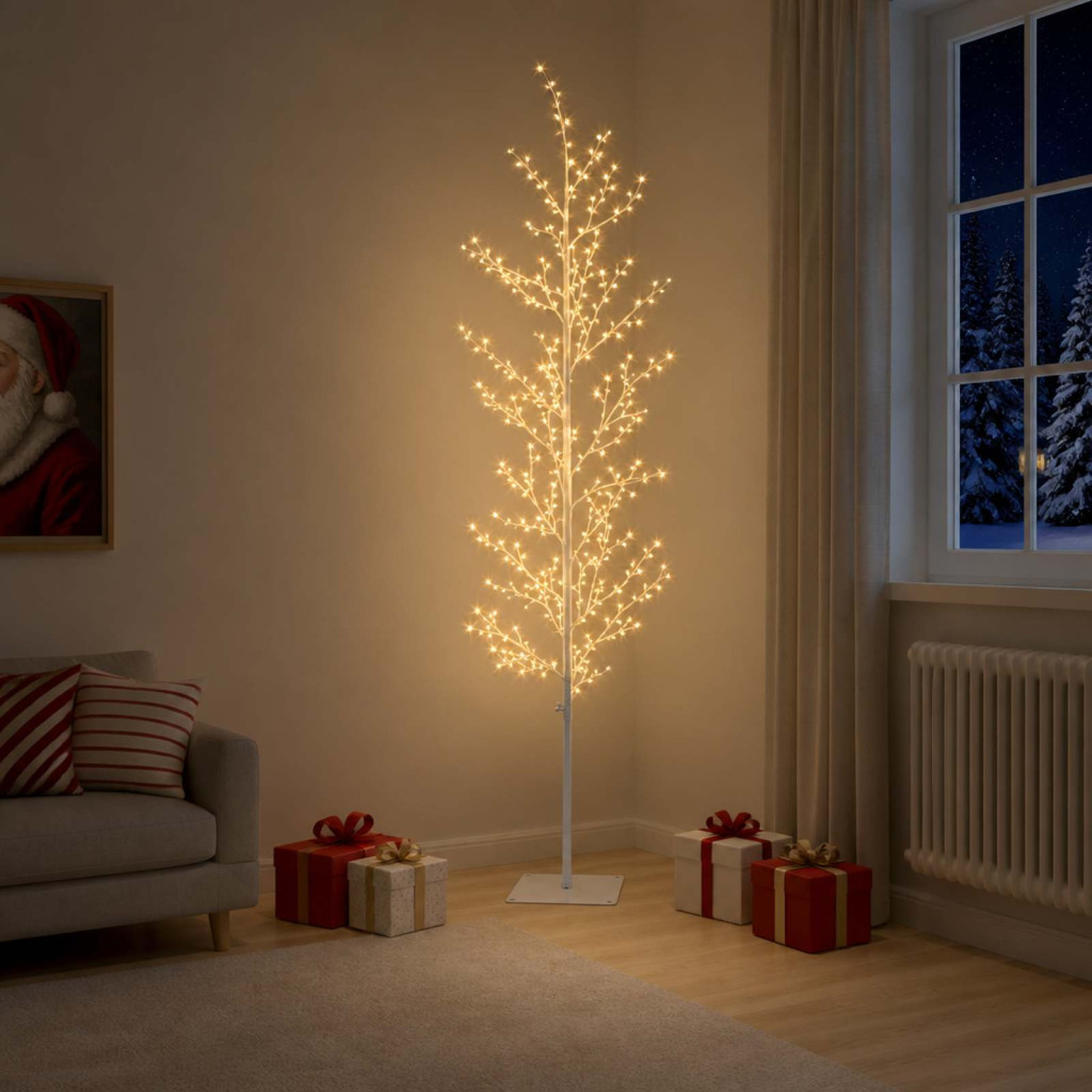 LED-es nyírfa-dekoráció, 20 × 20 × 180 cm, fehér, 459 LED, meleg fehér