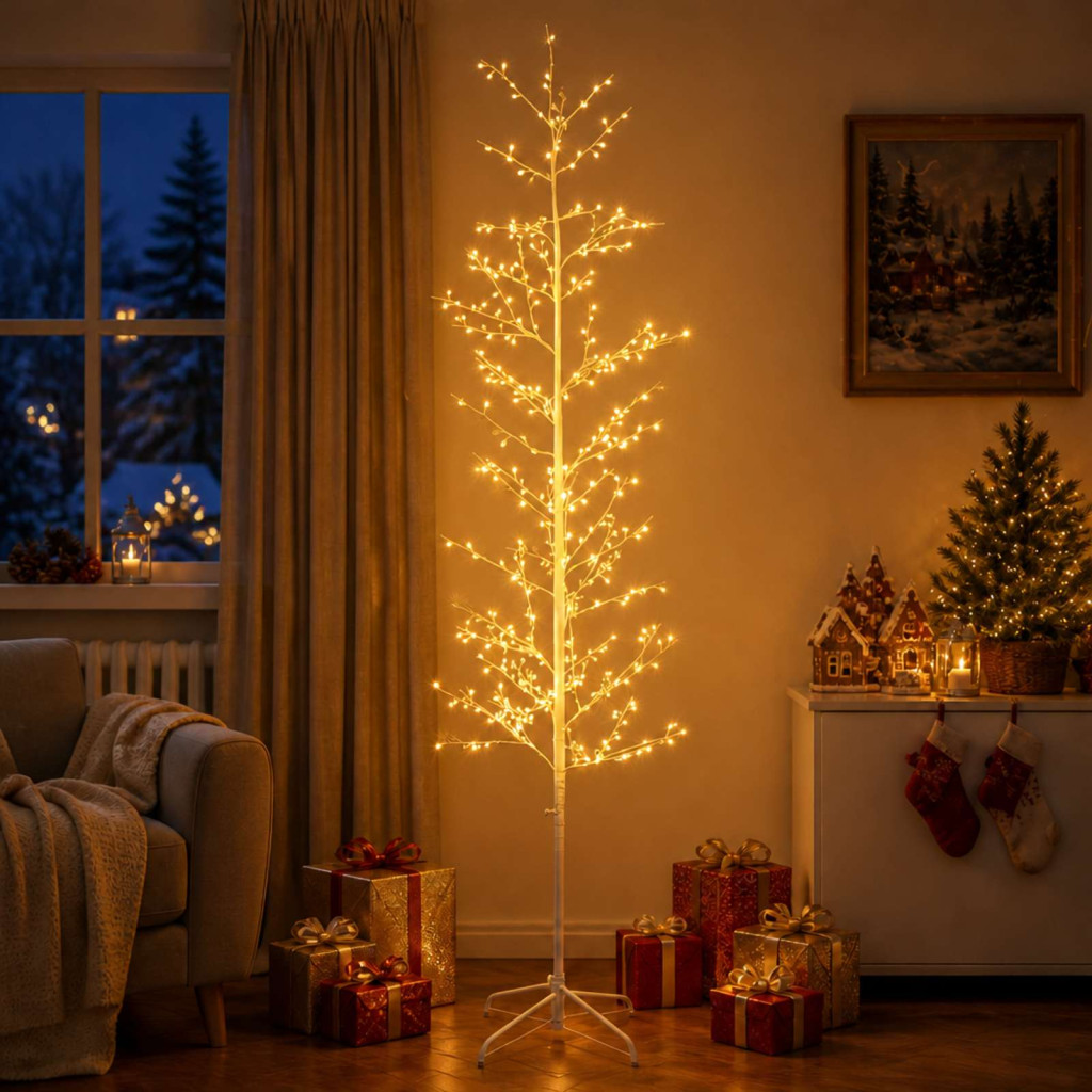 LED-es nyírfa-dekoráció, 47 × 47 × 240 cm, fehér, 675 LED, meleg fehér