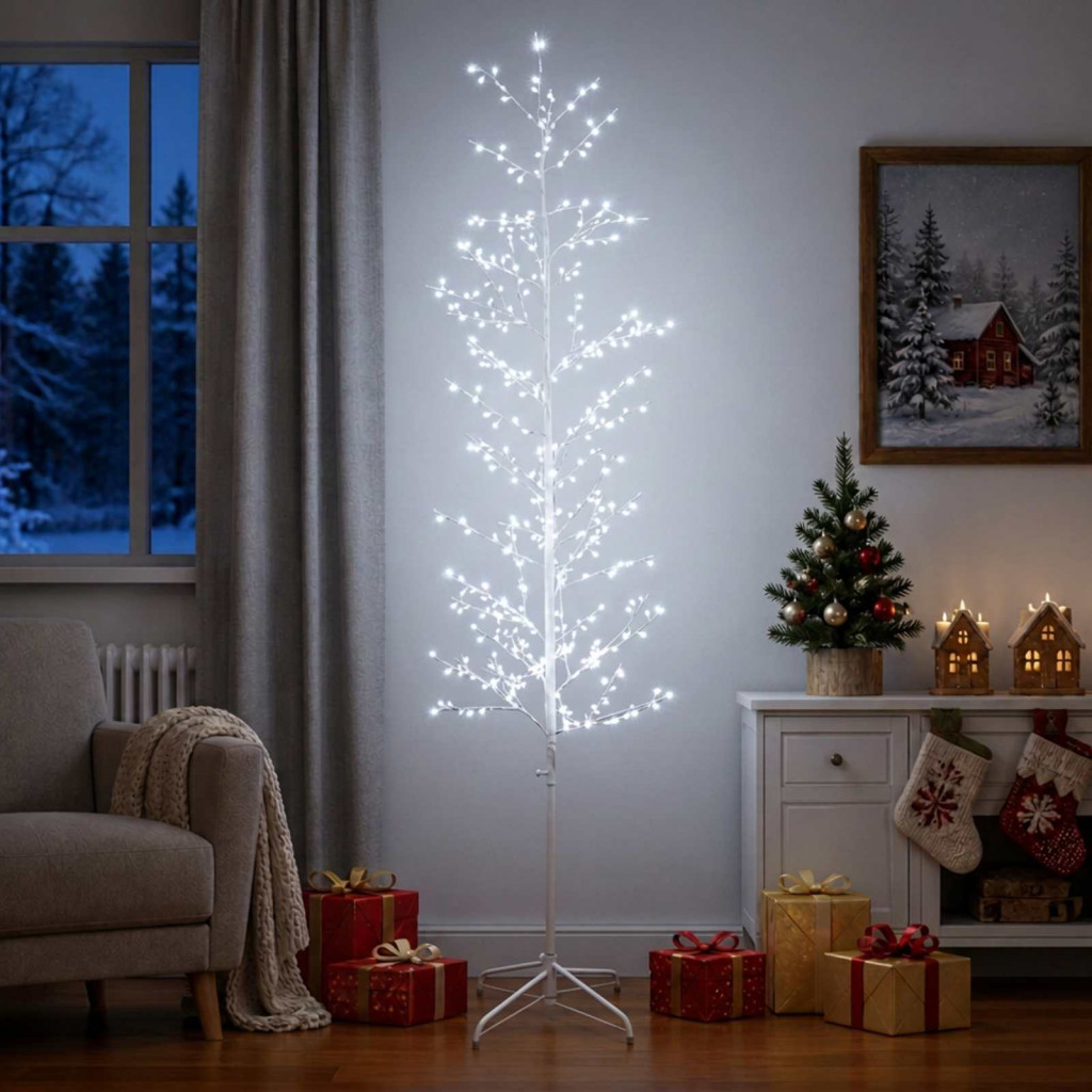 LED-es nyírfa-dekoráció, 47 × 47 × 240 cm, fehér, 675 LED, hideg fehér