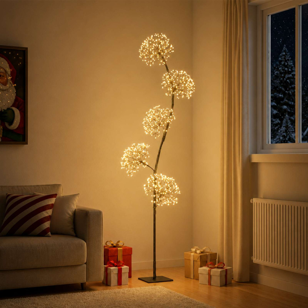 S alakú LED-es karácsonyfa-dekoráció, 20 × 20 × 175 cm, fekete, 840 LED, meleg fehér