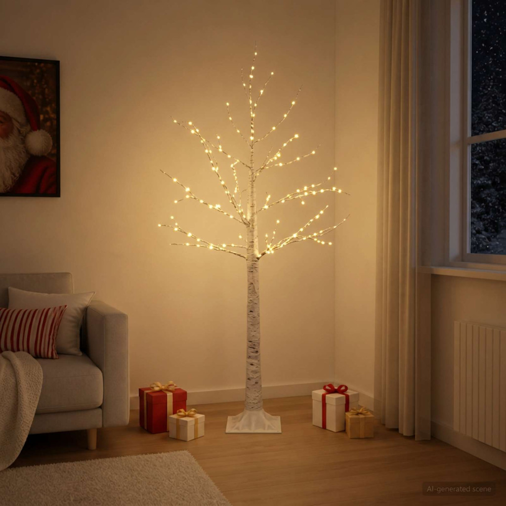 LED-es nyírfa-dekoráció, 22 × 22 × 150 cm, fehér, 232 LED, meleg fehér