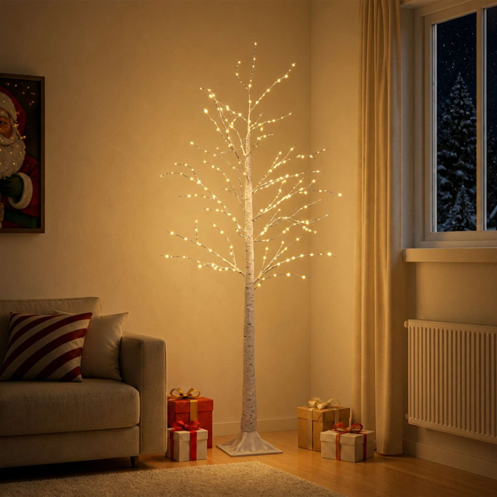 LED-es nyírfa-dekoráció, 22 × 22 × 180 cm, fehér, 319 LED, meleg fehér