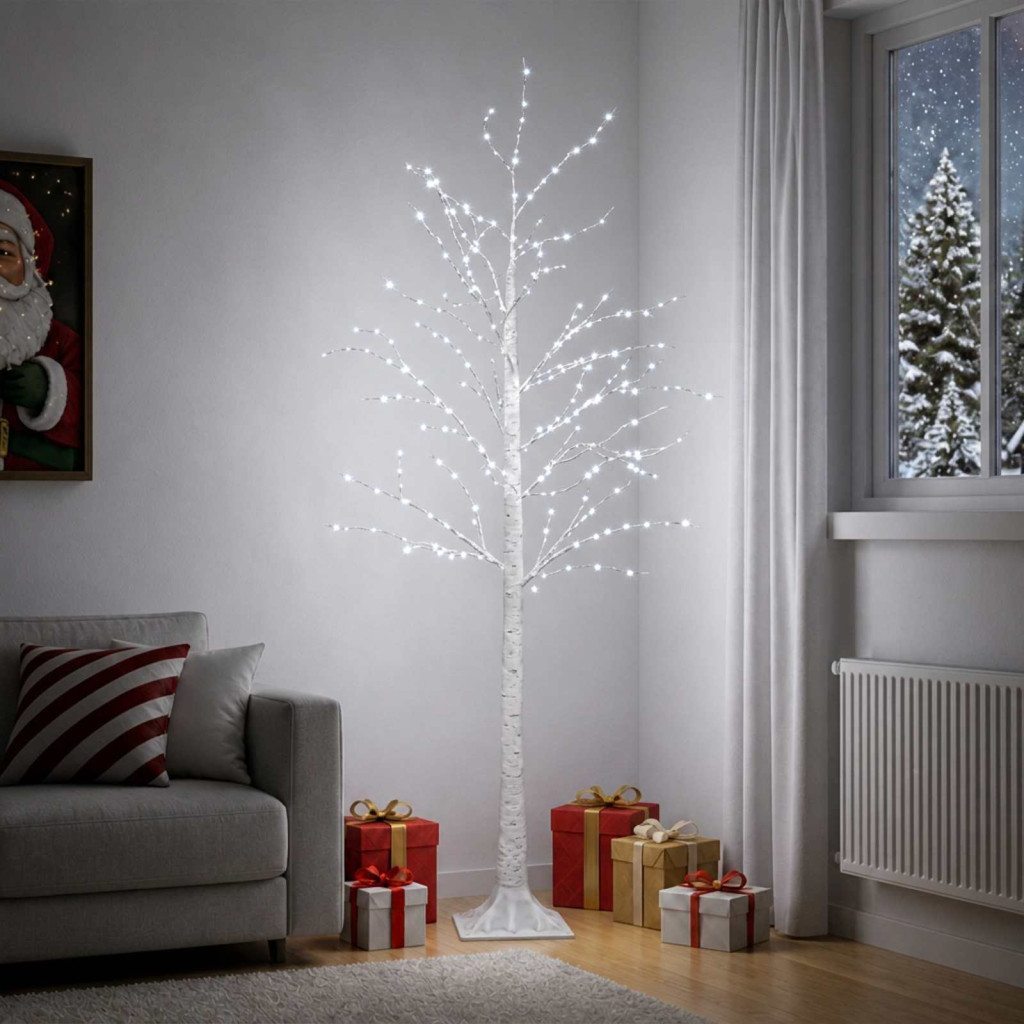 LED-es nyírfa-dekoráció, 22 × 22 × 180 cm, fehér, 319 LED, hideg fehér
