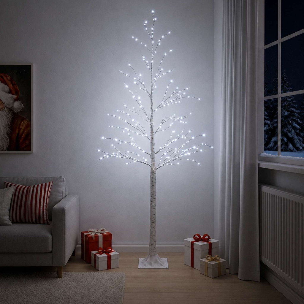 LED-es nyírfa-dekoráció, 25 × 25 × 210 cm, fehér, 406 LED, hideg fehér