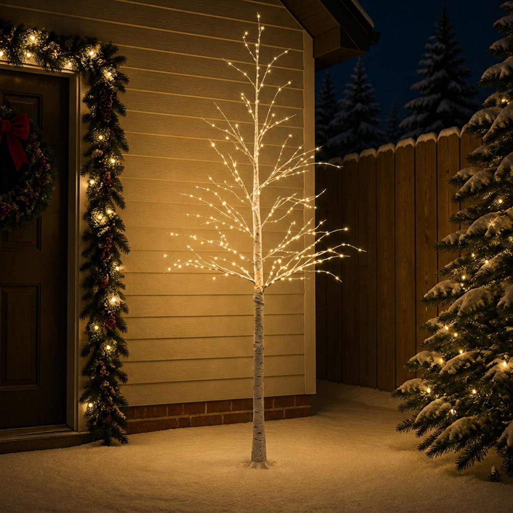 LED-es nyírfa-dekoráció, 25 × 25 × 240 cm, fehér, 493 LED, meleg fehér