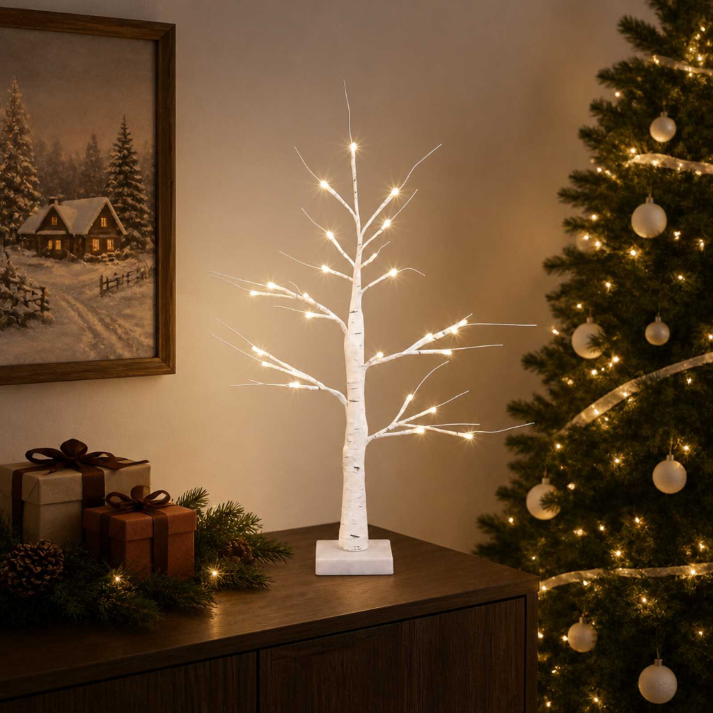 LED-es nyírfa-dekoráció, 2 db, 10 × 10 × 58 cm, fehér, 48 LED, meleg fehér