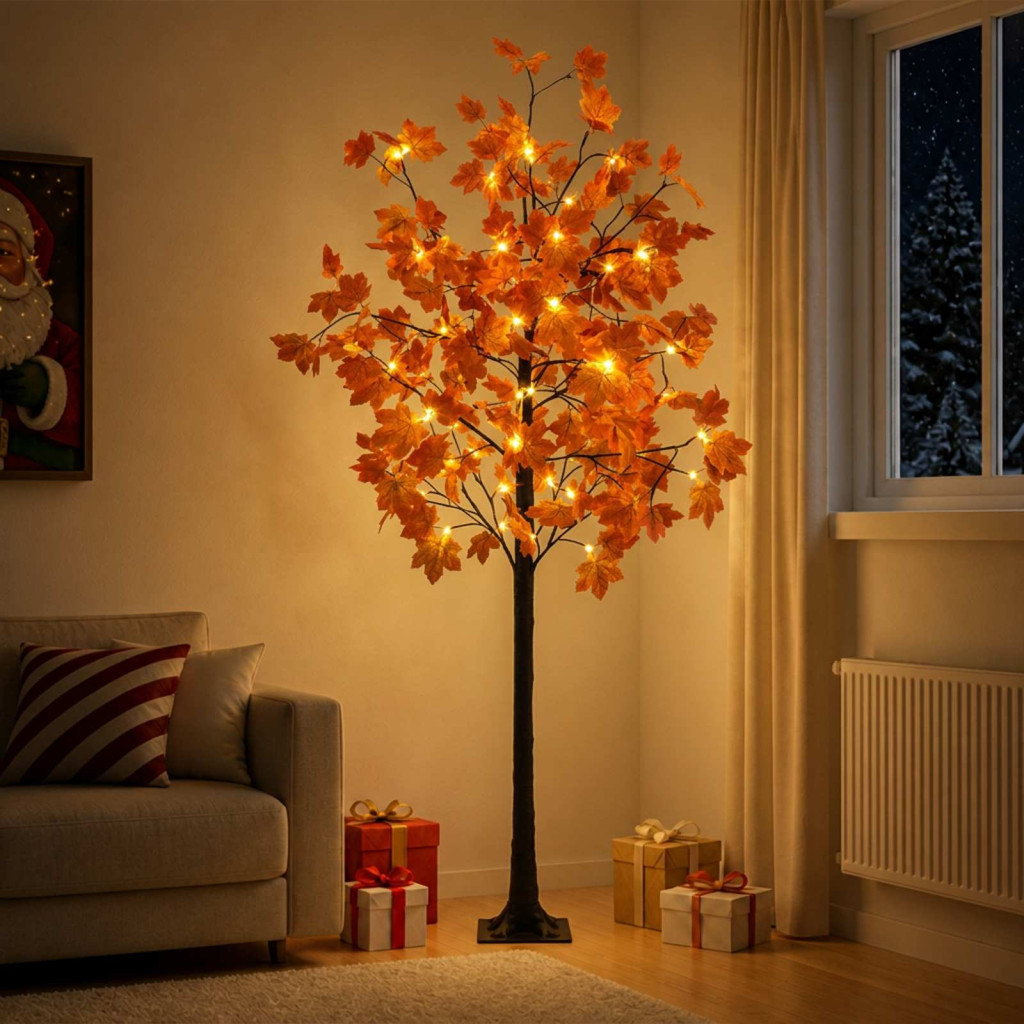 LED-es juharfa-dekoráció, 25 × 25 × 180 cm, barna, 120 LED, meleg fehér