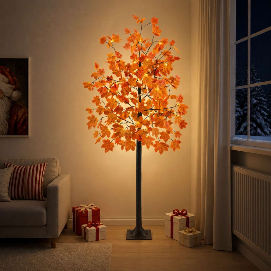 LED-es juharfa-dekoráció, 25 × 25 × 240 cm, barna, 192 LED, meleg fehér