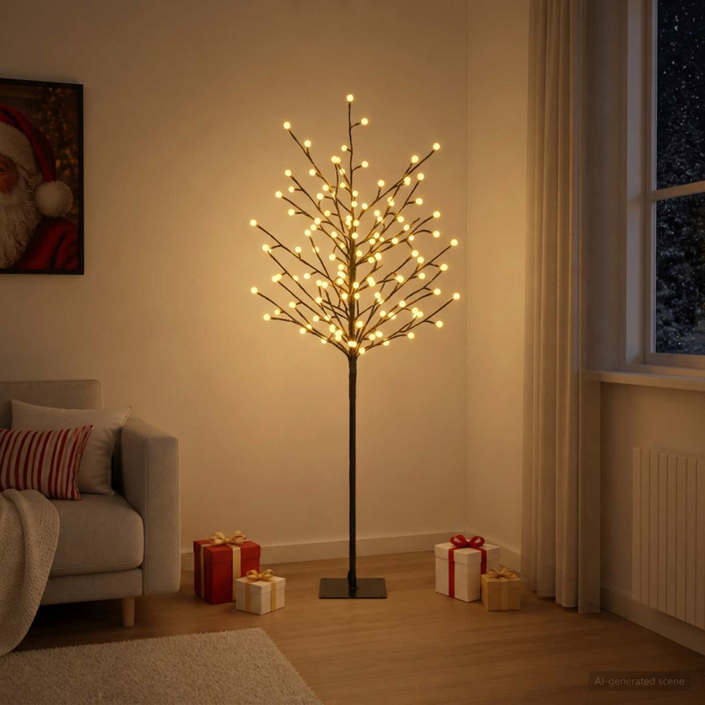 Gömb alakú fényekkel díszített LED-es fa, 18 × 18 × 120 cm, fekete, 150 LED, meleg fehér