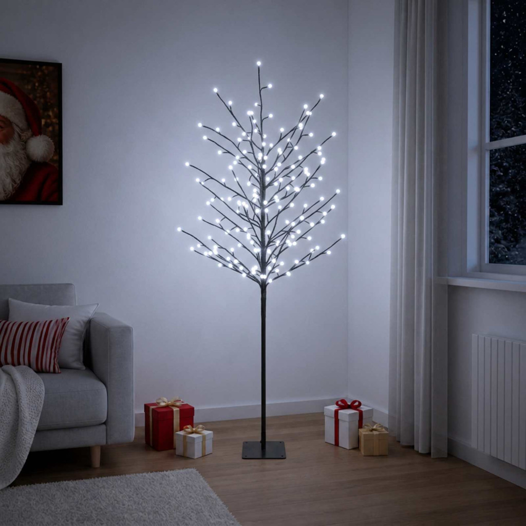 Gömb alakú fényekkel díszített LED-es fa, 18 × 18 × 150 cm, fekete, 185 LED, hideg fehér