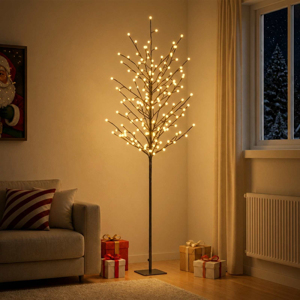 Gömb alakú fényekkel díszített LED-es fa, 20 × 20 × 180 cm, fekete, 220 LED, meleg fehér