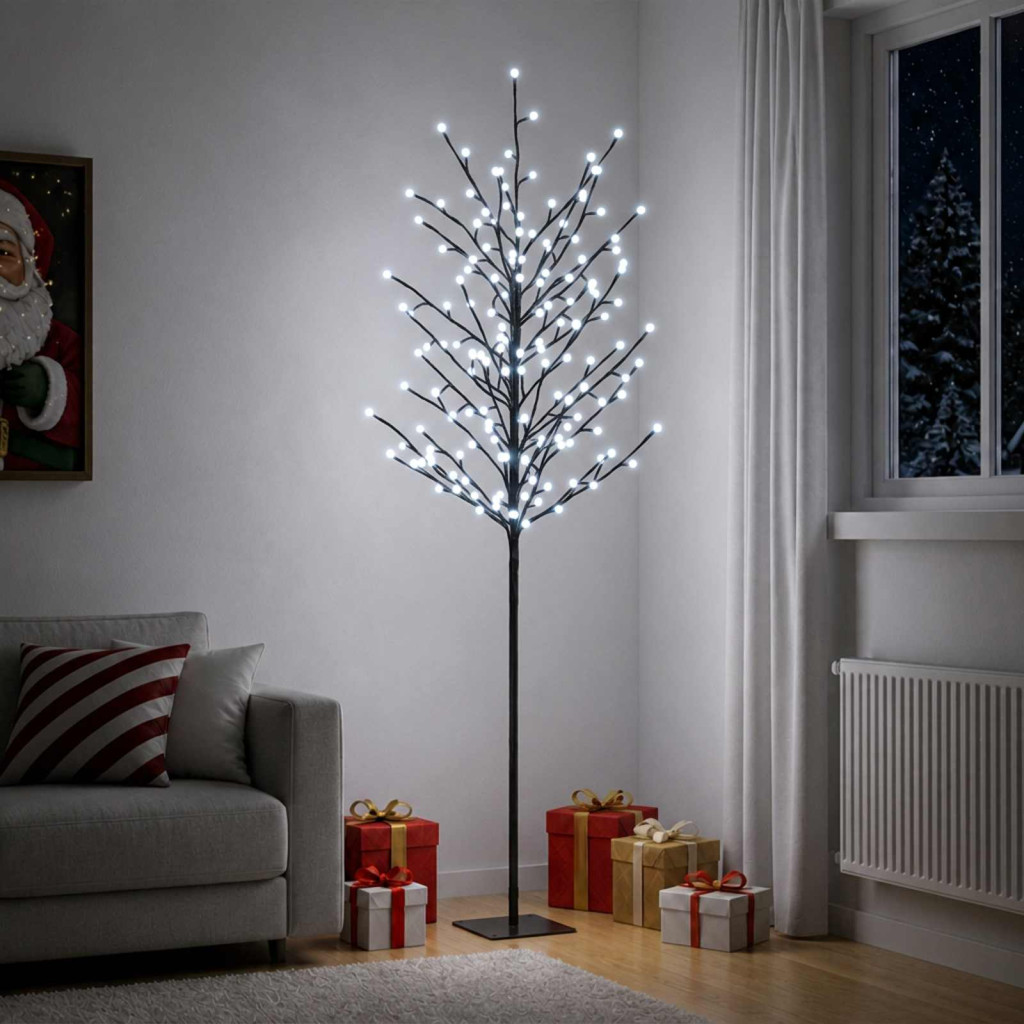Gömb alakú fényekkel díszített LED-es fa, 20 × 20 × 180 cm, fekete, 220 LED, hideg fehér