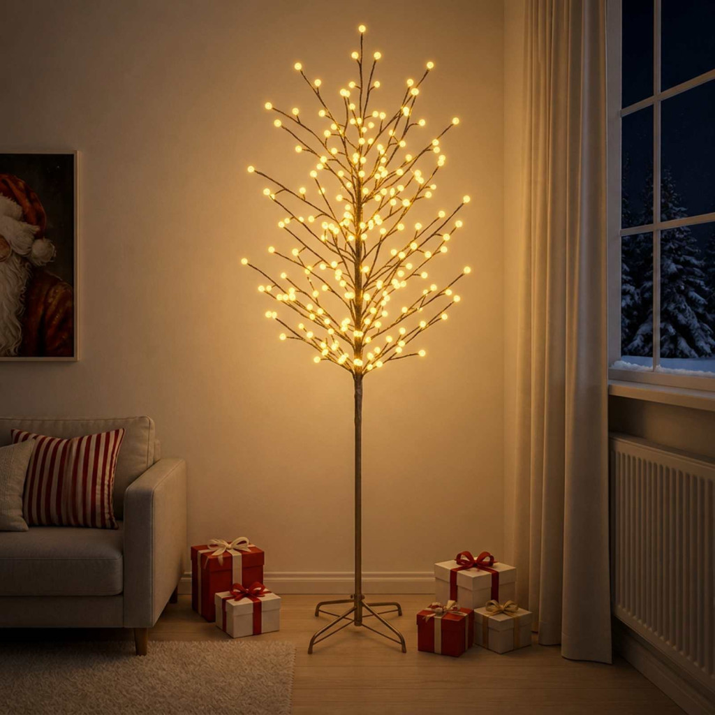 Gömb alakú fényekkel díszített LED-es fa, 47 × 47 × 210 cm, fekete, 250 LED, meleg fehér