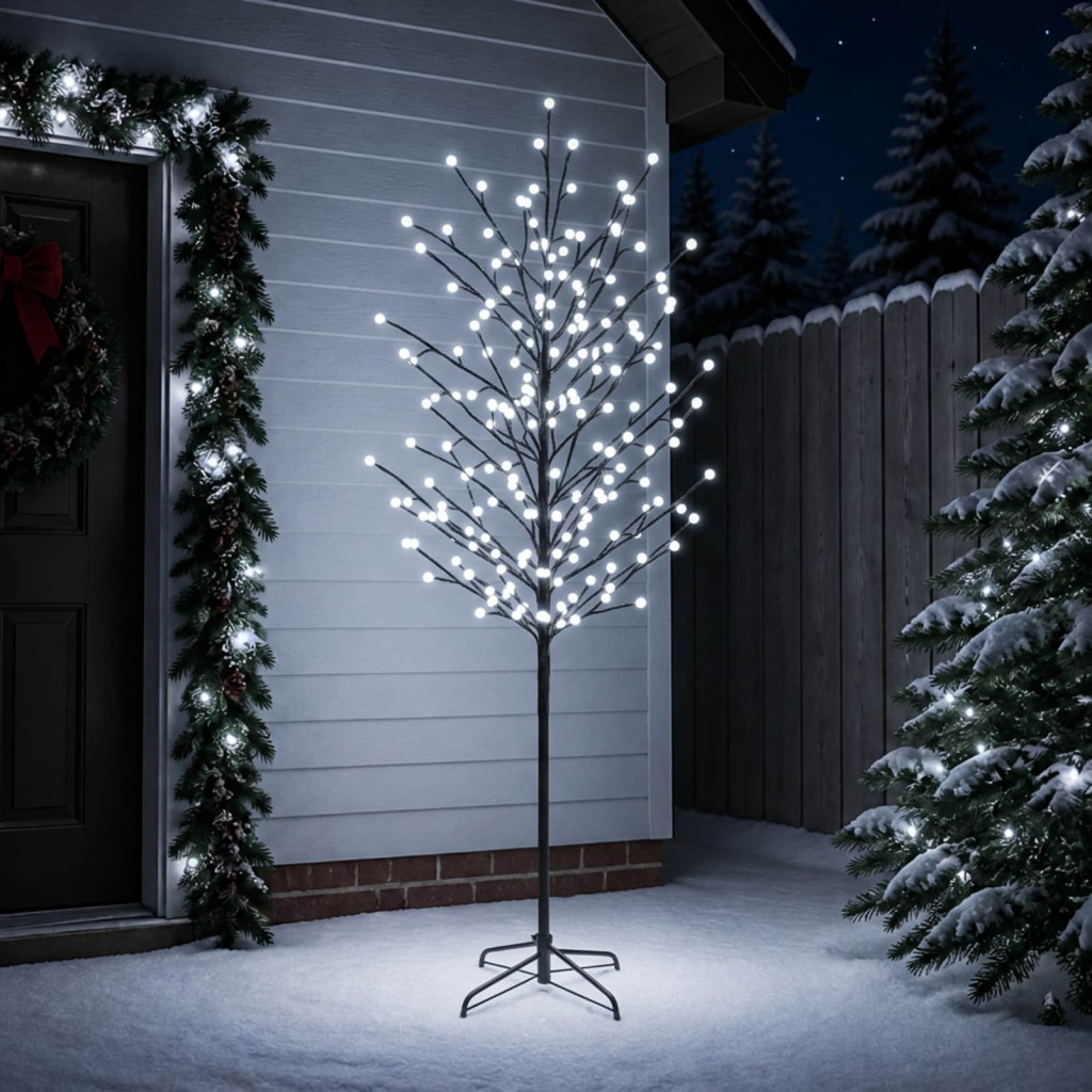 Gömb alakú fényekkel díszített LED-es fa, 47 × 47 × 210 cm, fekete, 250 LED, hideg fehér
