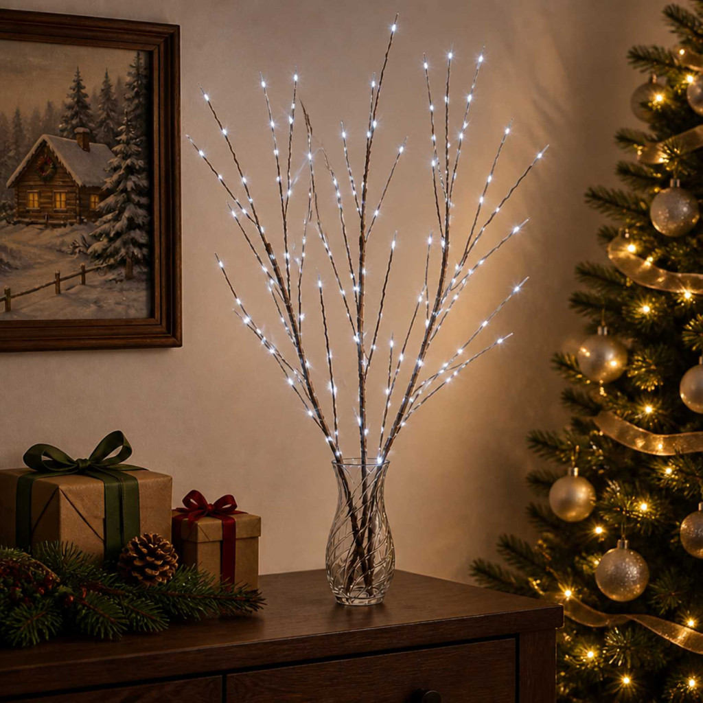 LED-es ágas karácsonyi dekoráció, 3 db, 62 cm, barna, 165 LED, hideg fehér