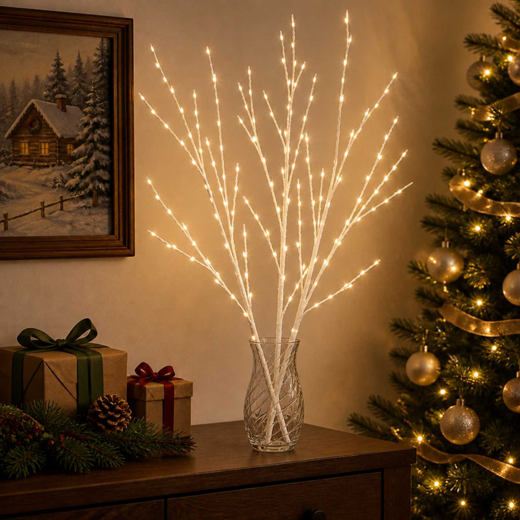 LED-es ágas karácsonyi dekoráció, 3 db, 62 cm, fehér, 165 LED, meleg fehér