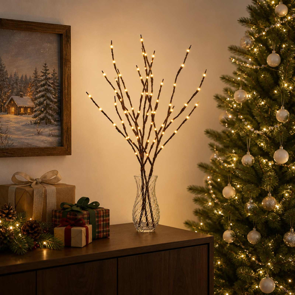 LED-es ágas karácsonyi dekoráció, 3 db, 62 cm, barna, 60 LED, meleg fehér