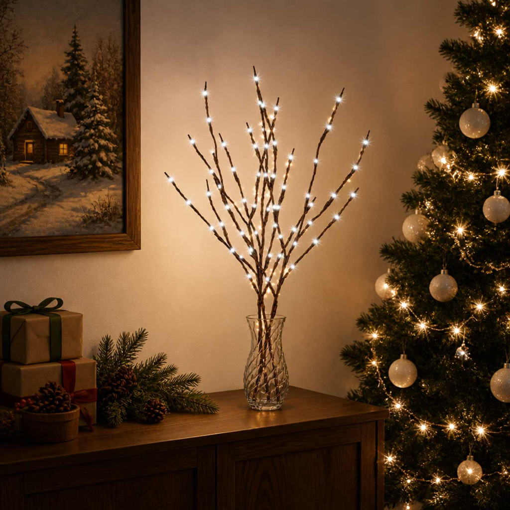 LED-es ágas karácsonyi dekoráció, 3 db, 62 cm, barna, 60 LED, hideg fehér