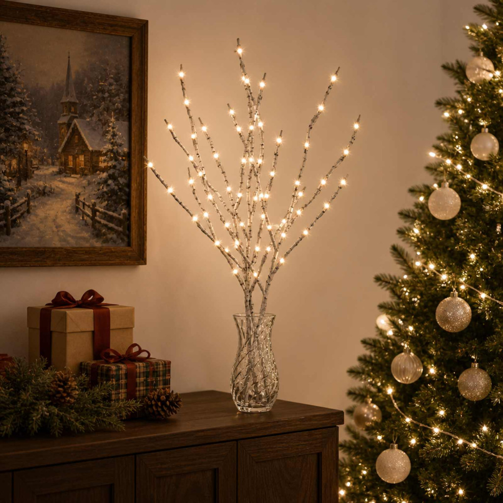 LED-es ágas karácsonyi dekoráció, 3 db, 62 cm, fehér, 60 LED, meleg fehér