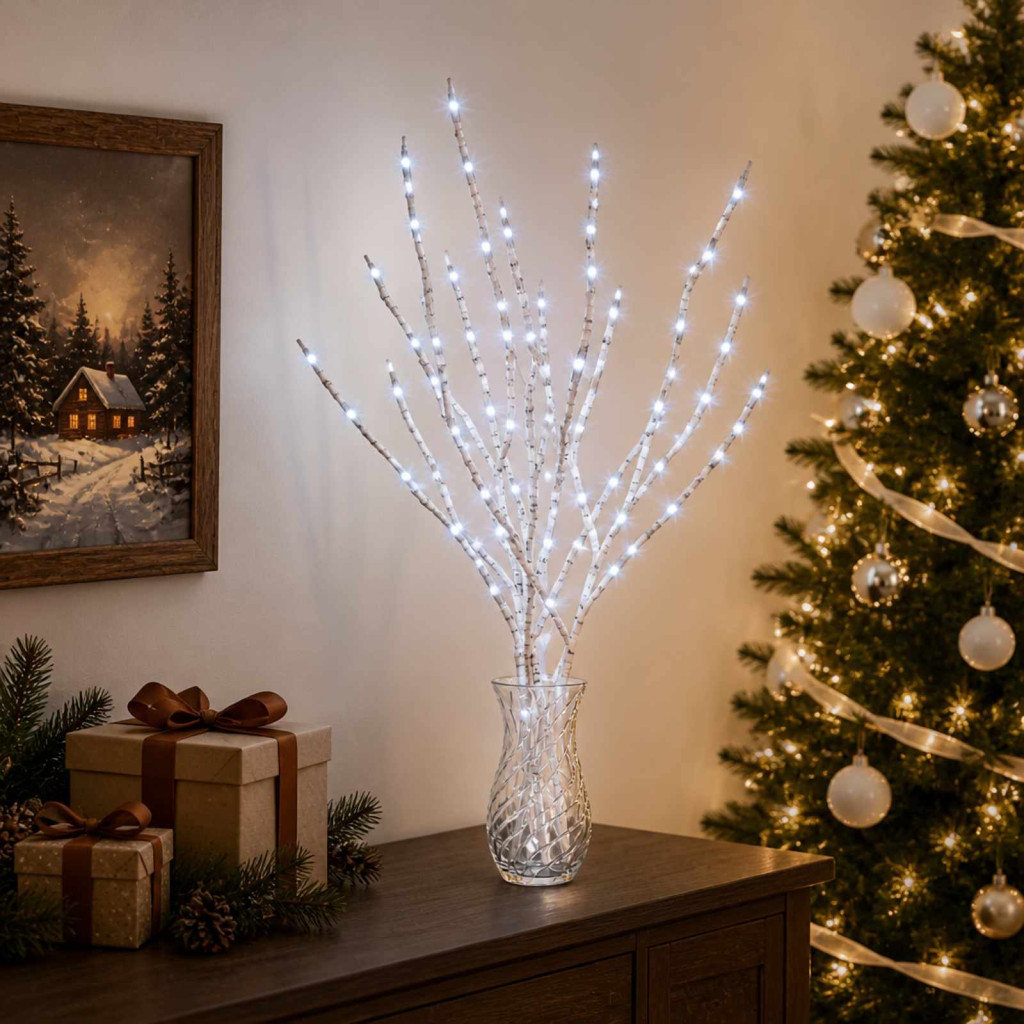 LED-es ágas karácsonyi dekoráció, 3 db, 62 cm, fehér, 60 LED, hideg fehér