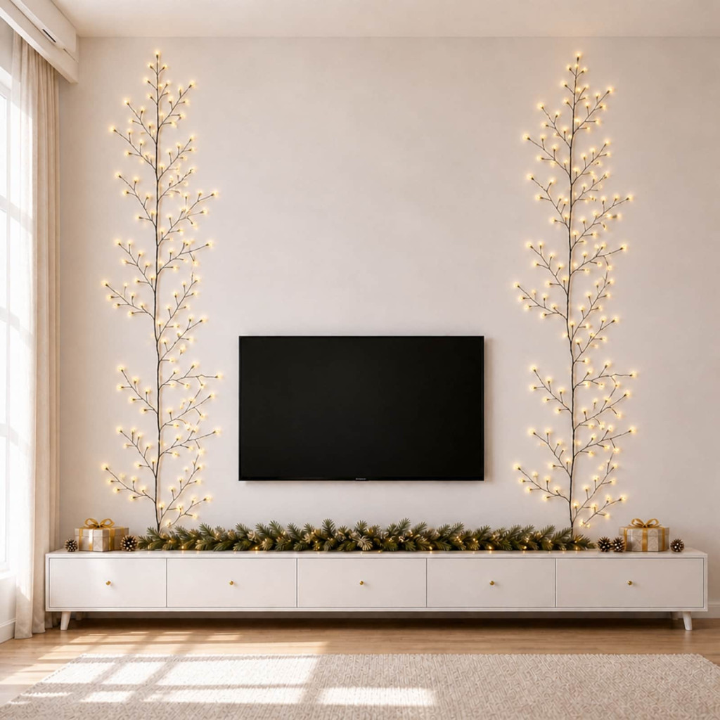 LED-es fűzfaindás dekoráció, 2 db, 270 cm, fekete, 288 LED, meleg fehér