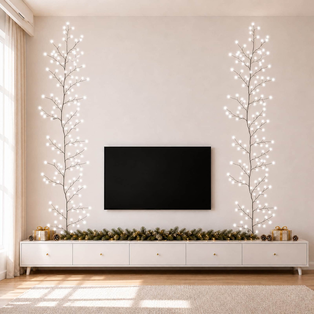 LED-es fűzfaindás dekoráció, 2 db, 270 cm, fekete, 288 LED, hideg fehér