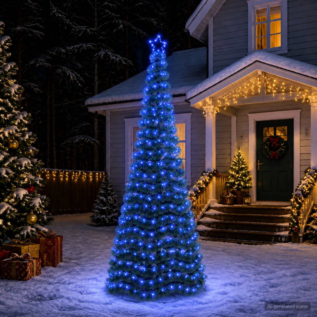 LED-es csillámos műfenyő talppal EKENAS 250 cm 370 LED Kék