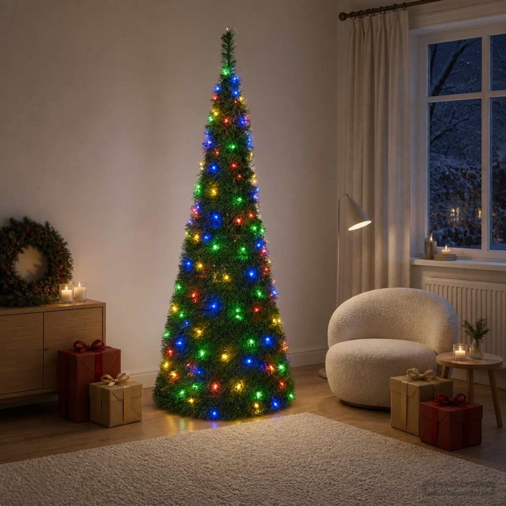 Kihúzható műkarácsonyfa, 71 × 210 cm, zöld, 200 LED