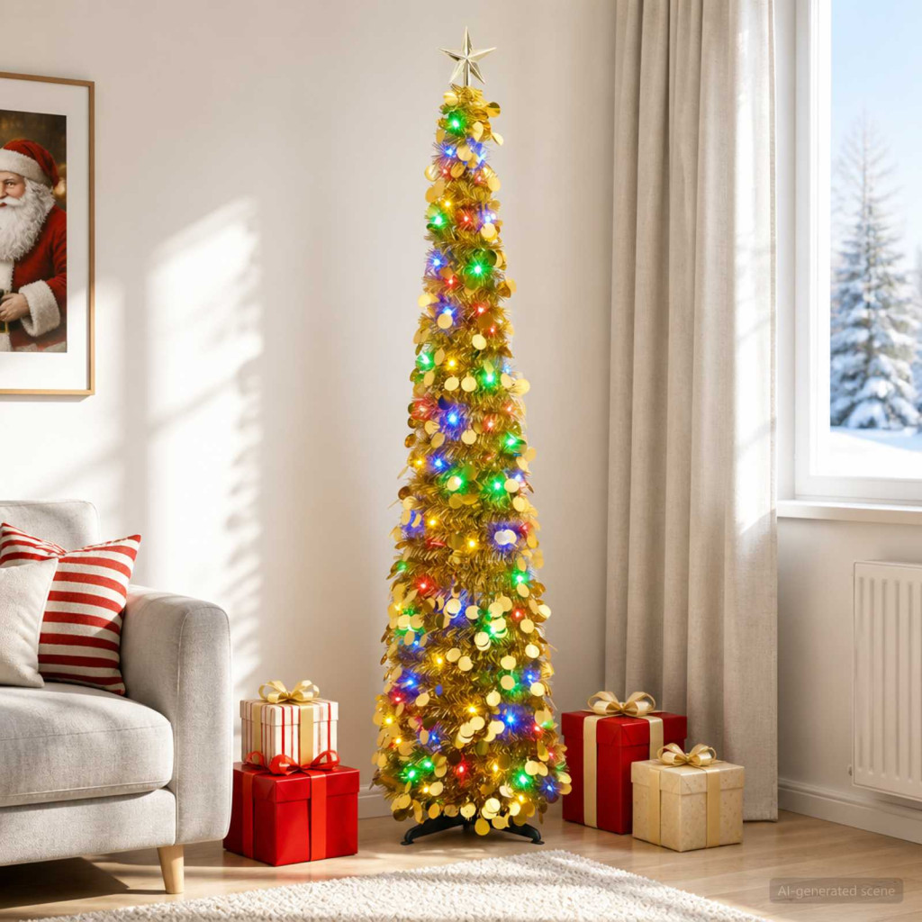 Kihúzható műkarácsonyfa, 45 × 180 cm, arany, 100 LED