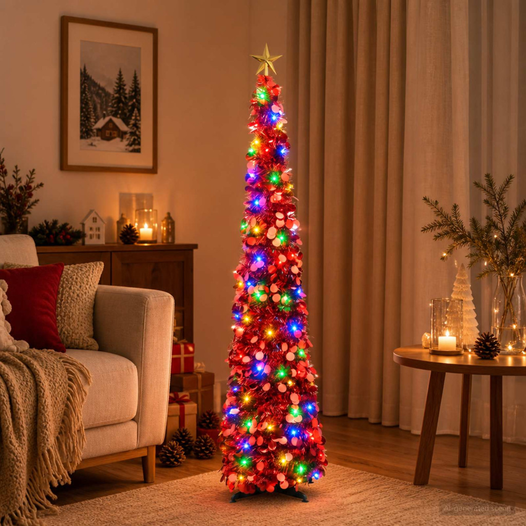 LED-es karácsonyi fényfa, 33 × 150 cm, piros, 50 LED
